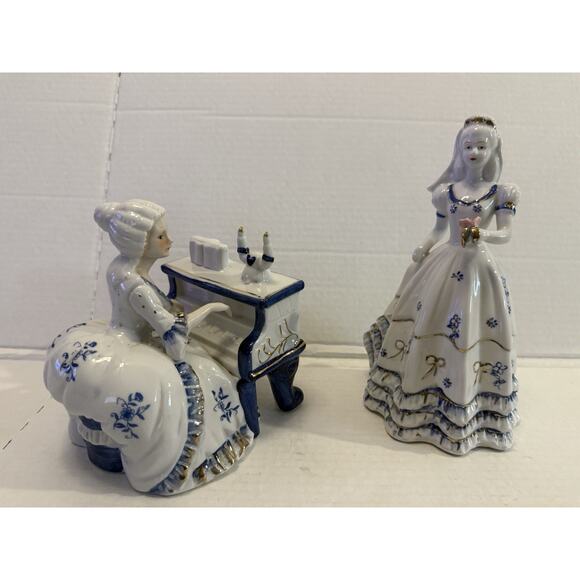 Vintage Other - Vintage Porcelain Blue White Gold Accents Victorian Lady Playing Piano & Girl